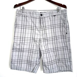 HURLEY Mens 31 Gray Black Large Plaid 10" Flat Front Chino Golf Shorts L3
